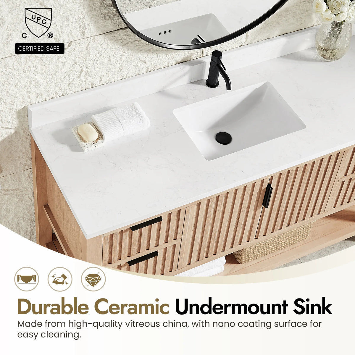 Feature panel on the undermount basin of the 60-inch Aged Natural Oak vanity and how its surface wipes clean