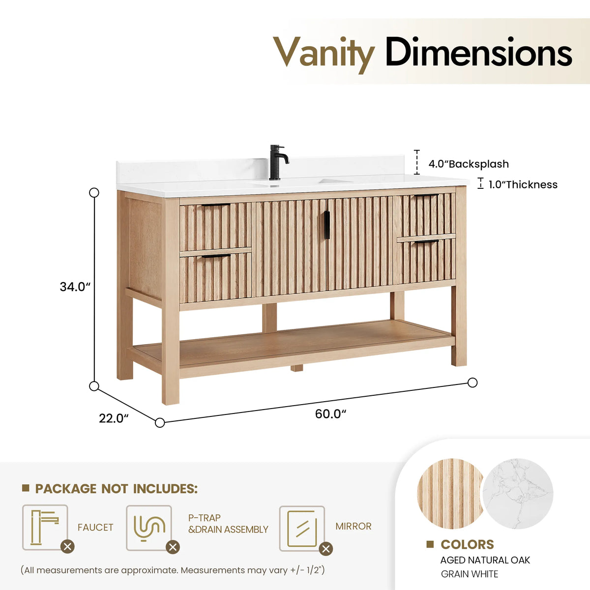 Spec drawing for the 60-inch Aged Natural Oak single vanity: 60 W x 22 D x 34 H inches, 4 inch backsplash
