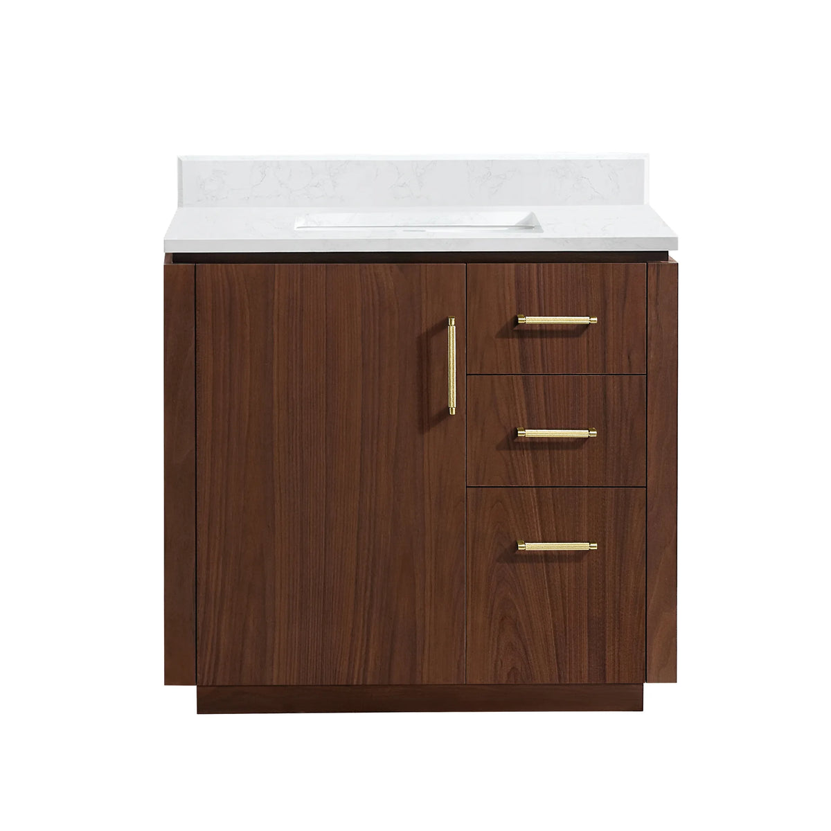 White-background front view of the Natural Walnut 36 inch single bathroom vanity, stone top and gold pulls