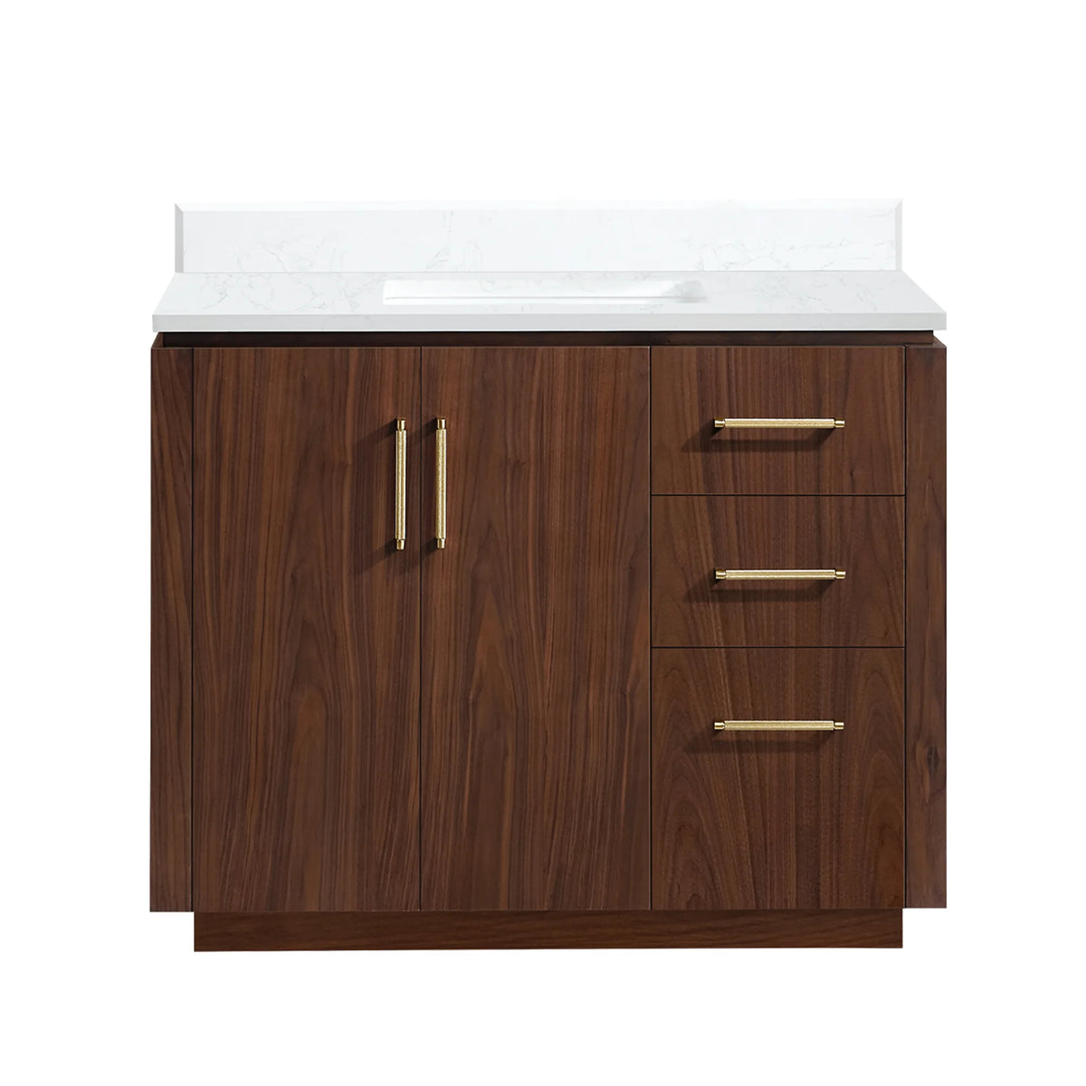 Front view of a 42 inch Natural Walnut single bathroom vanity with a white grain composite stone top, white background