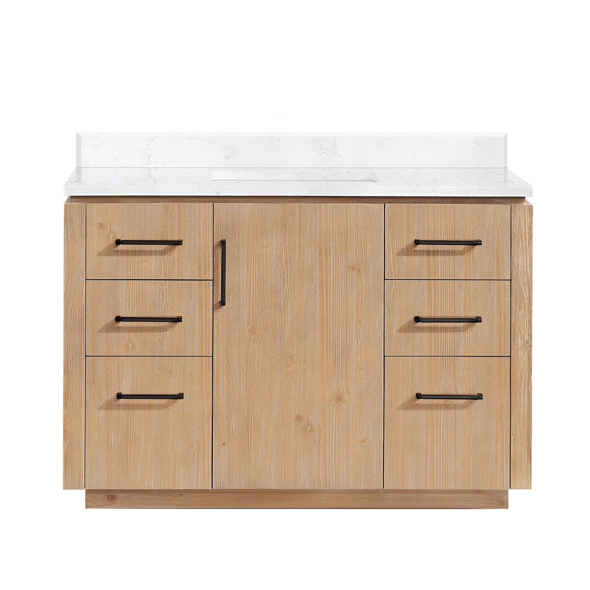 Front view of a Fir Wood Brown 48 inch single bathroom vanity on white with Matte Black pulls and a plinth base