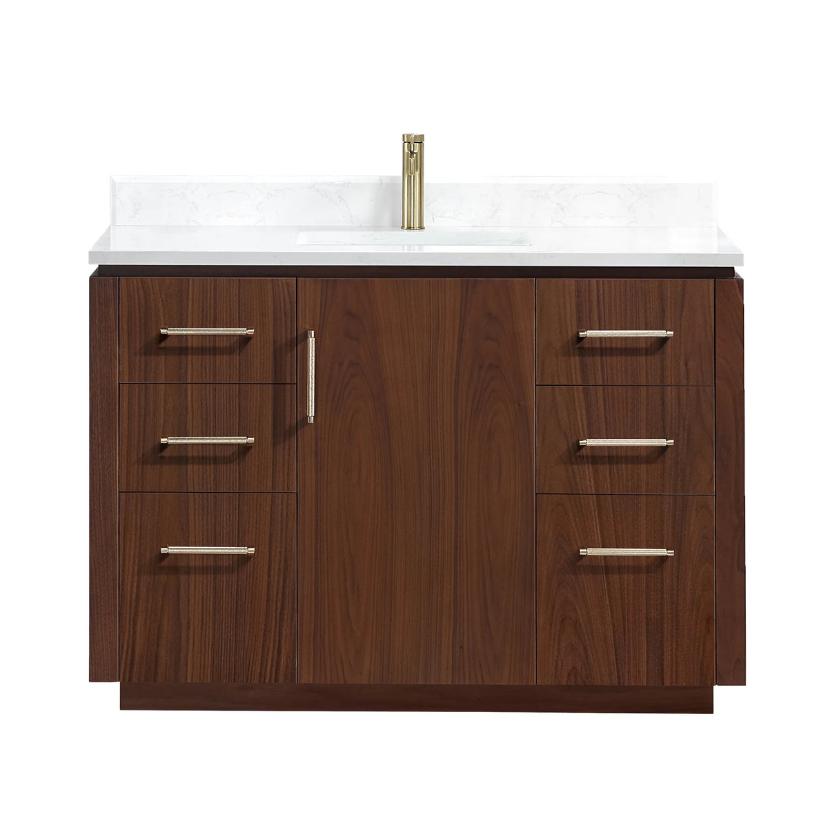 White-background front shot of the Natural Walnut single vanity with drawers on each side of the door