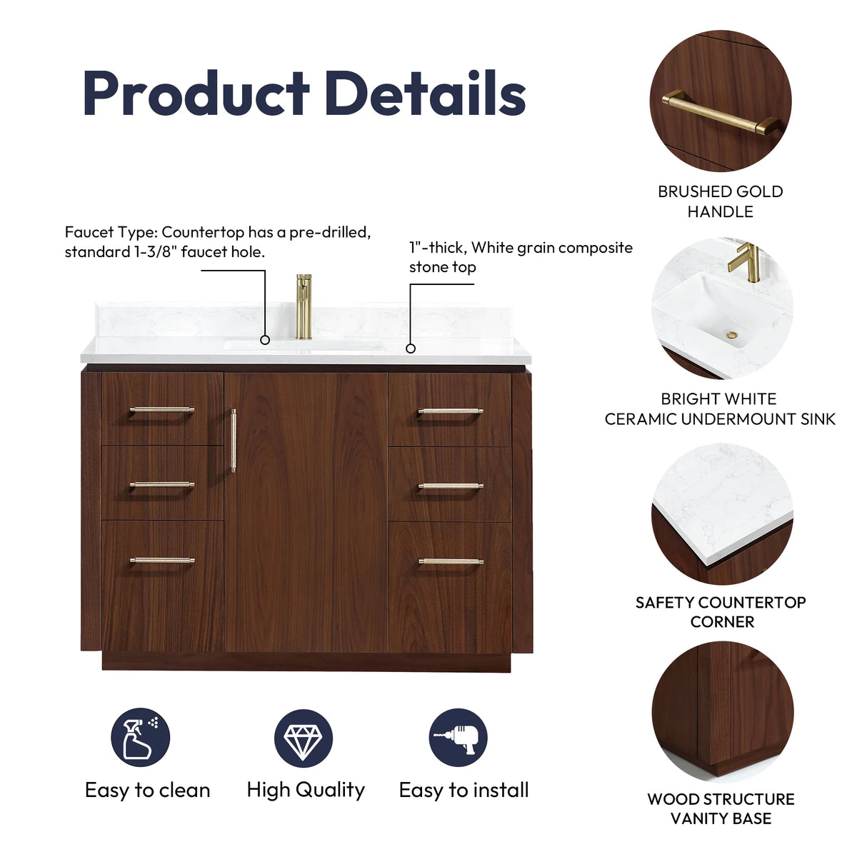 Product details diagram of the 48 inch vanity: handle, ceramic sink, countertop corner and wood base labeled