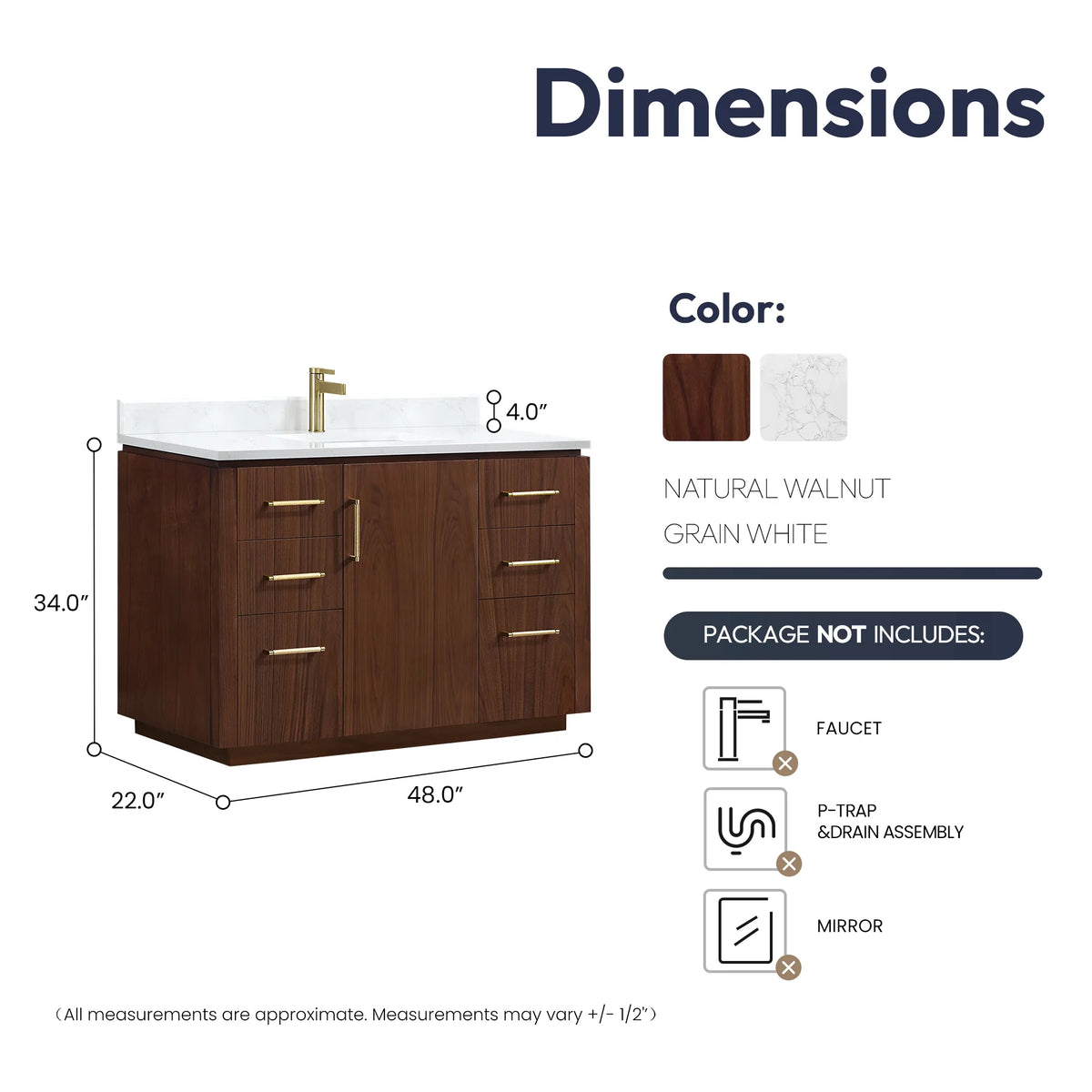 Dimension drawing showing overall width, depth and height of the 48 inch single vanity, no mirror