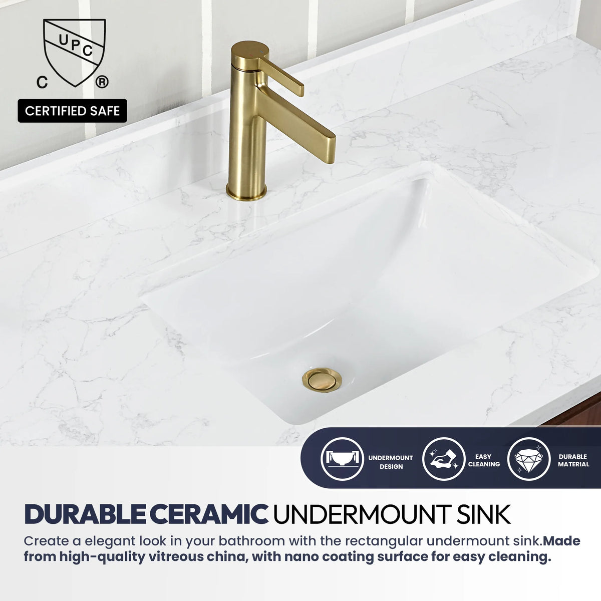 Callout on a ceramic undermount sink with nano coating text, set in the white grain composite stone top