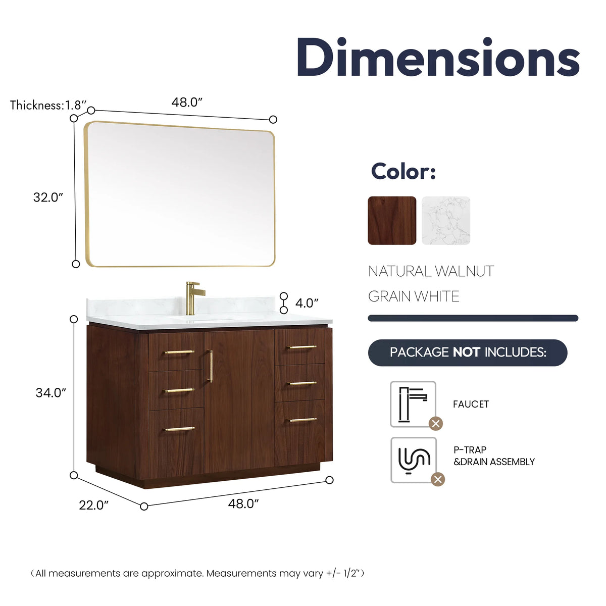 Mirror-included dimension drawing of the 48 inch single vanity, width, depth and height lines shown