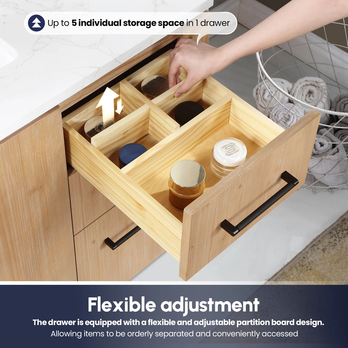 Open drawer with a partition board and a hand moving the contents, banner below