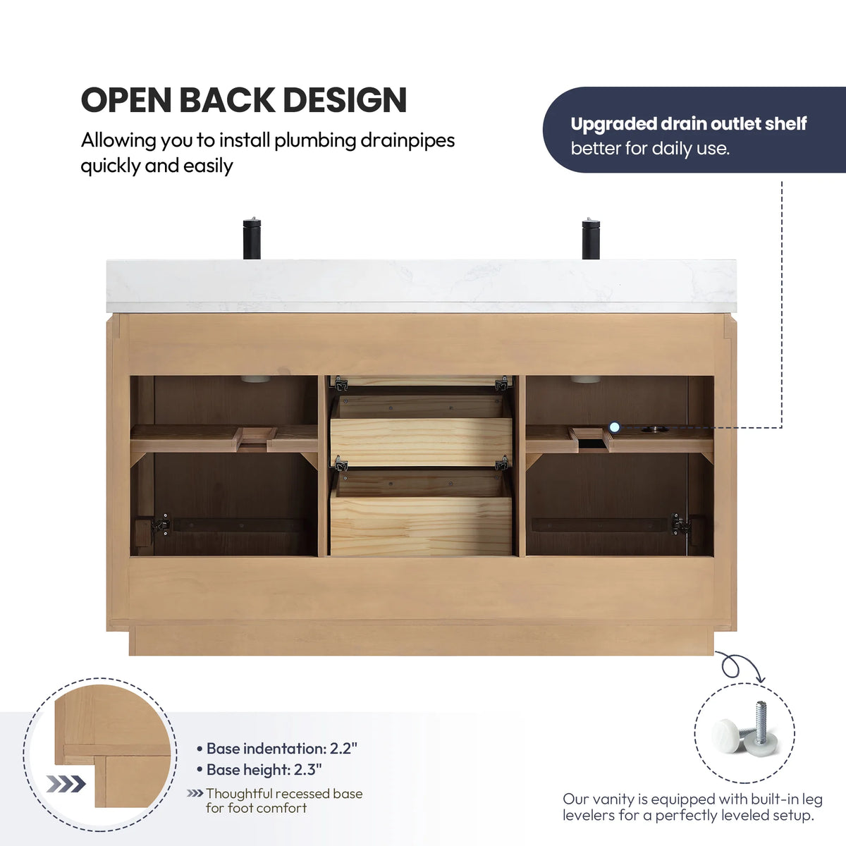 Cutaway of the open back cabinet with space for drainpipes and a recessed base detail
