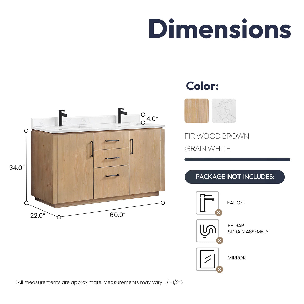 Dimension drawing showing overall width, depth and height of the 60 inch double vanity, no mirrors drawn