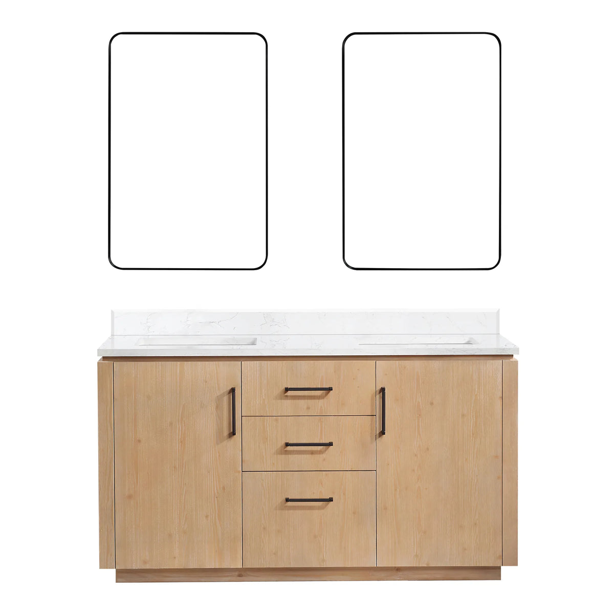 Studio view of the Fir Wood Brown double vanity front with matching mirrors above it, white backdrop