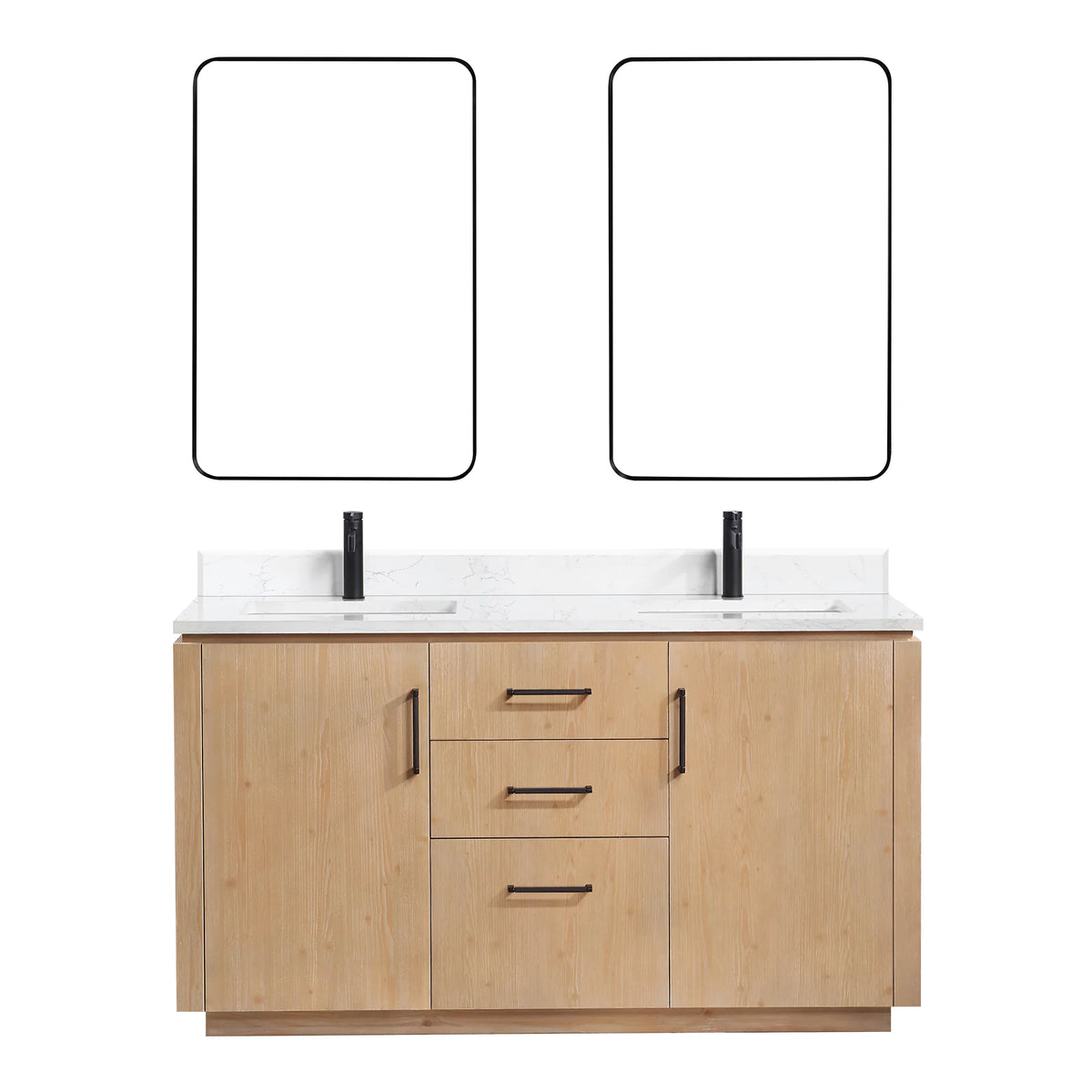 Studio front view of the double vanity with its pair of mirrors, white background