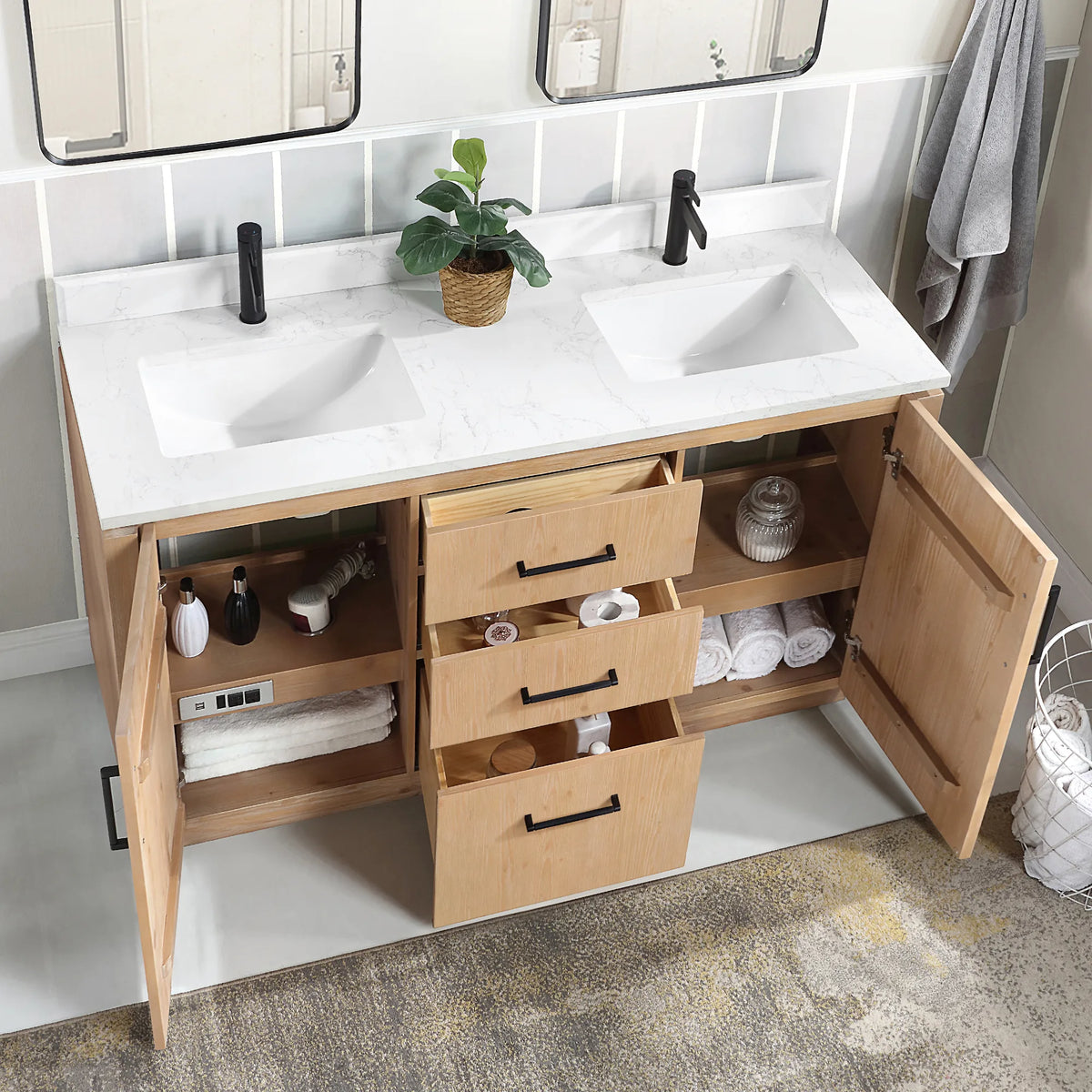 Overhead angle of the 60 inch double vanity with door and drawers open and towels inside