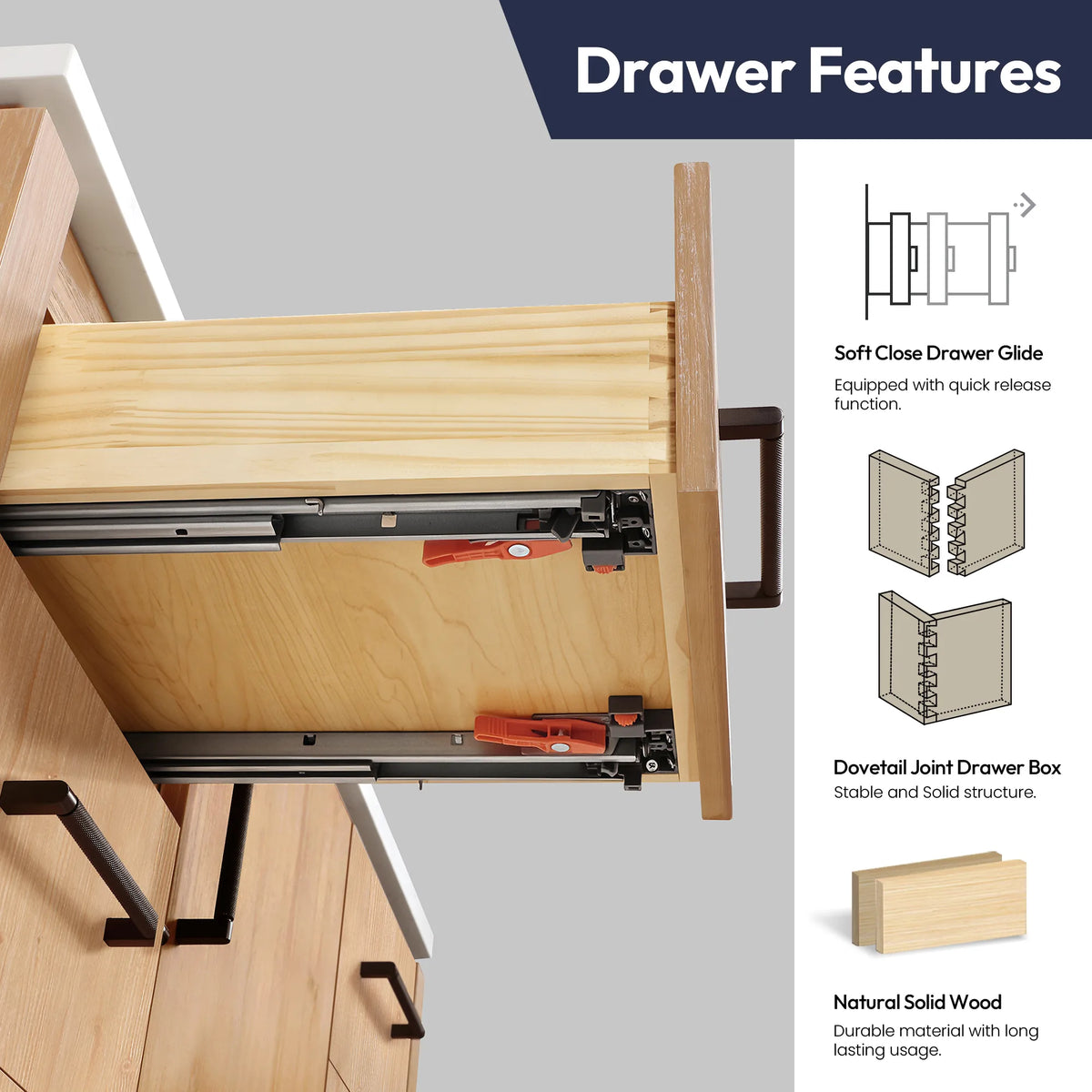 Drawer feature callout showing the rails of an open drawer with construction icons