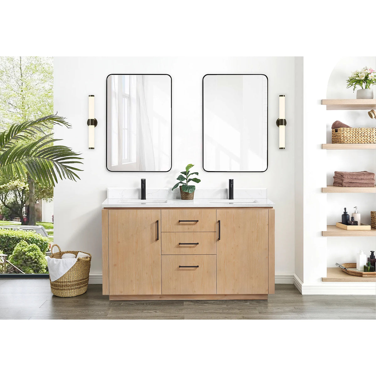 Bathroom scene of the 60 inch vanity under paired mirrors, with wall lights, shelving and a basket