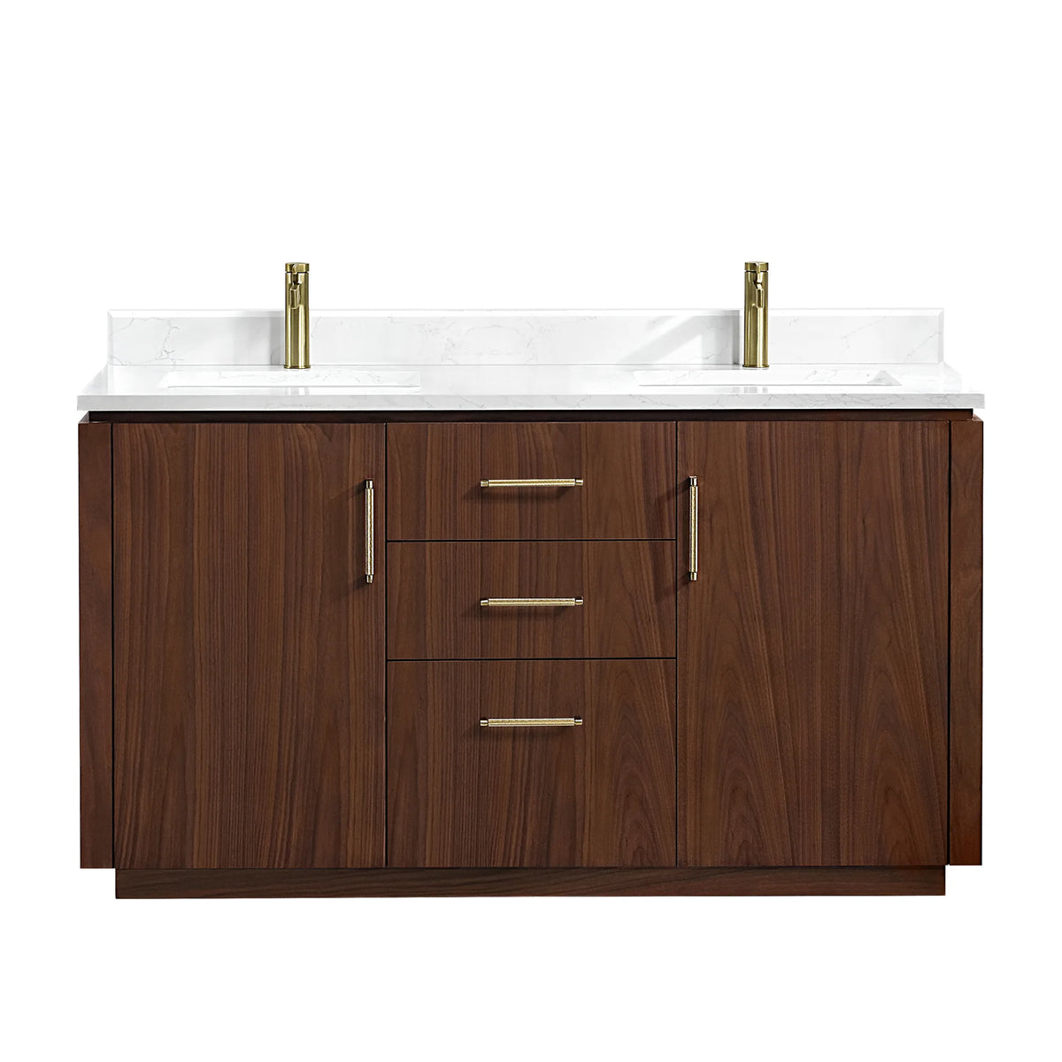 White-background front shot of the Natural Walnut double vanity with center drawers and side doors