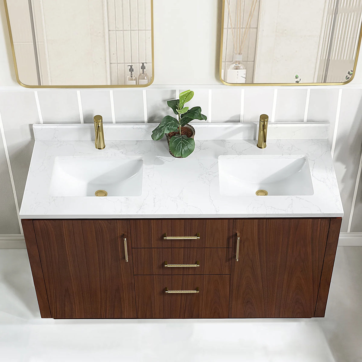 High-angle close view of the stone top and undermount sink area, with drawers and doors below