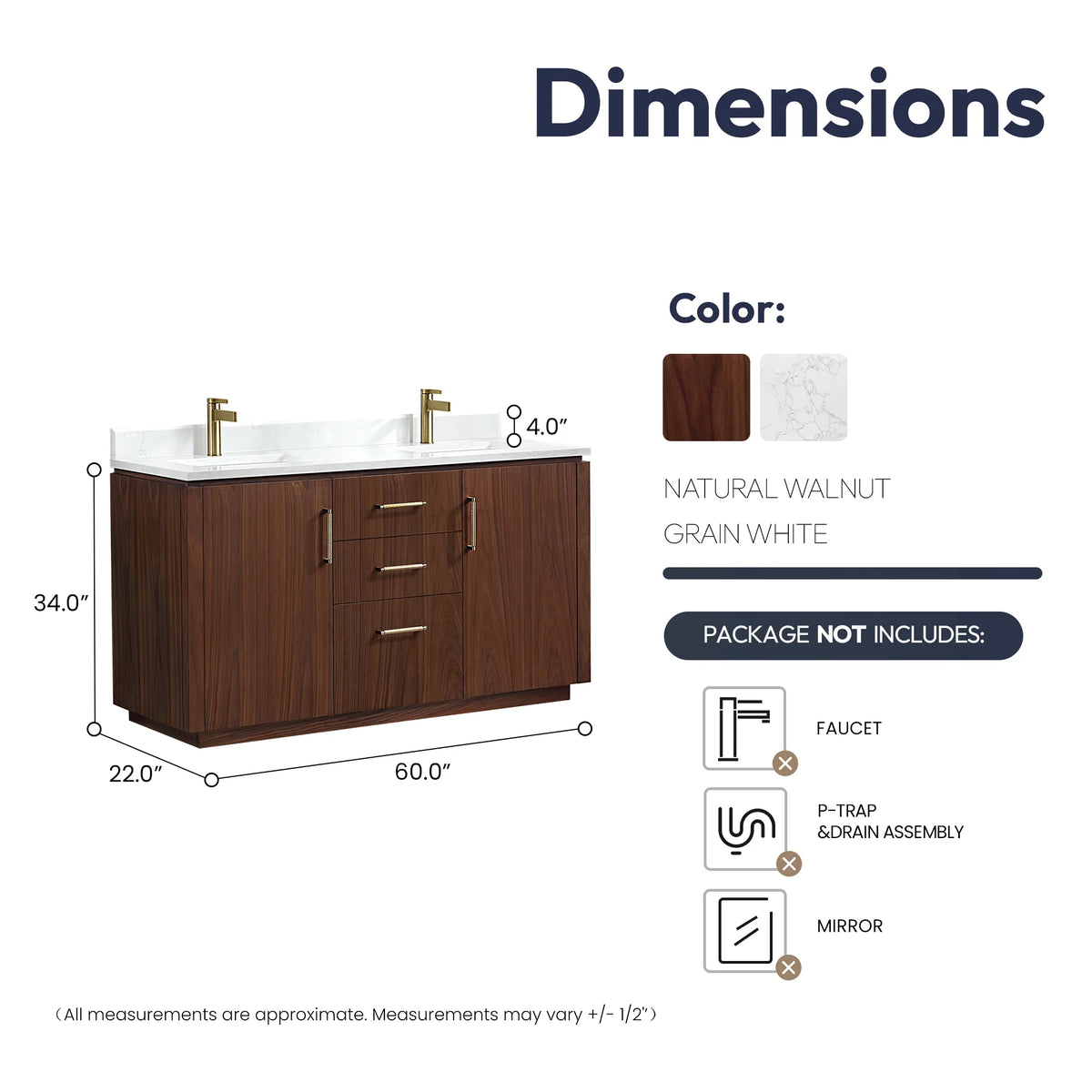 Overall width, depth and height of the 60 inch double vanity, set out in a dimension drawing, no mirrors