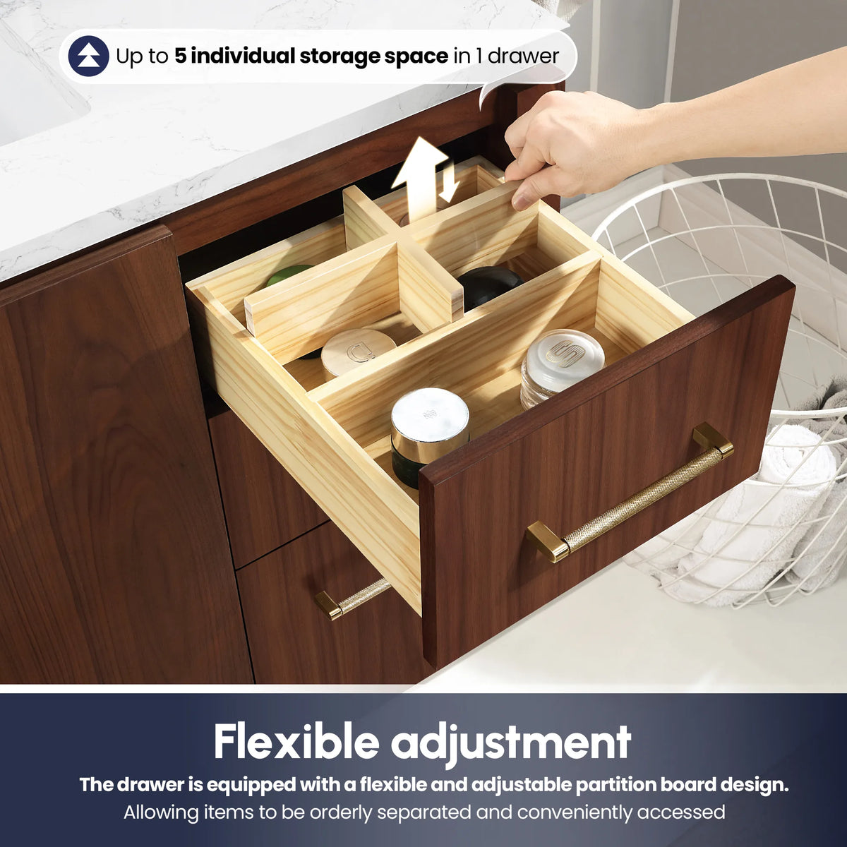 Flexible adjustment callout: drawer partition boards and stored items