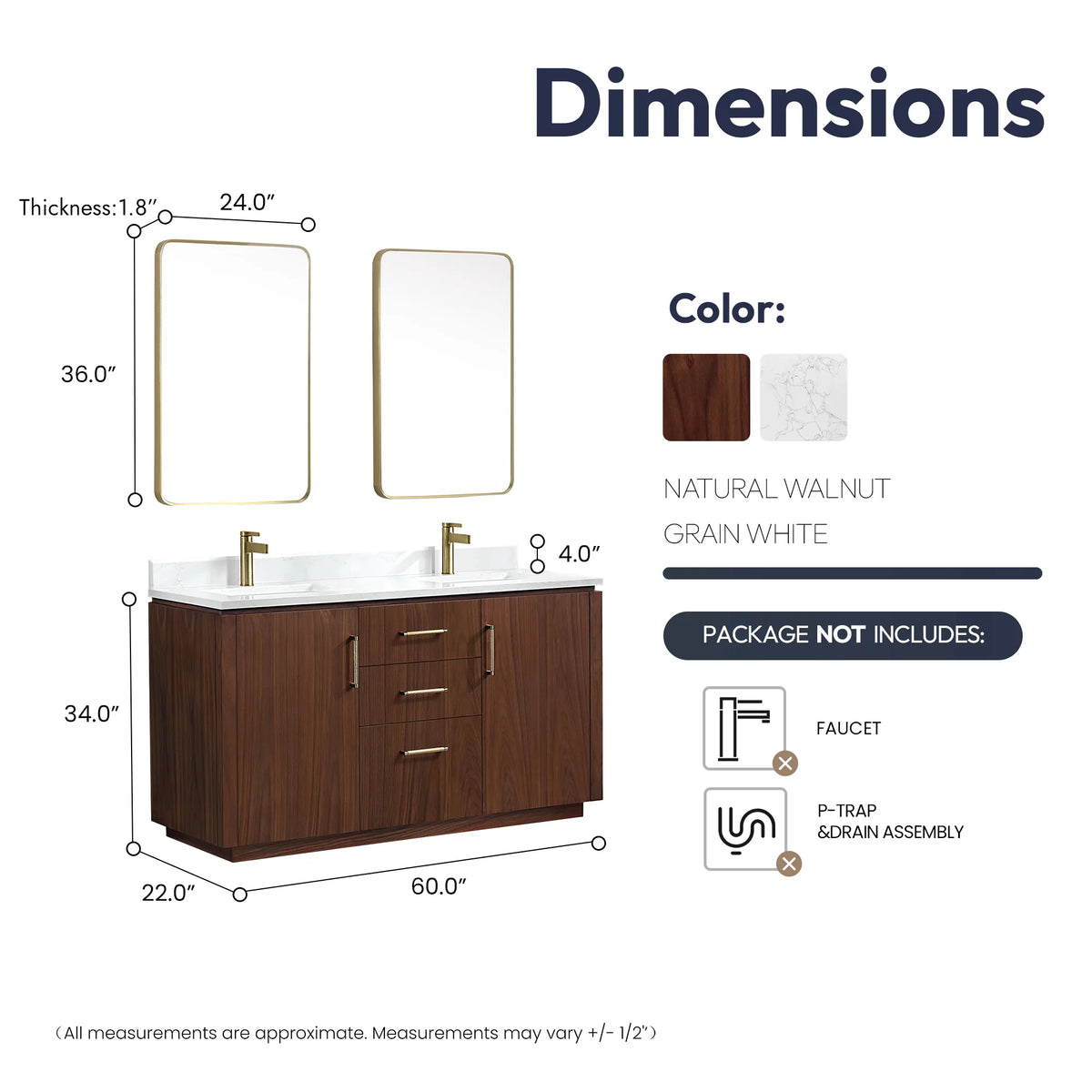 Mirrors-included dimension drawing of the 60 inch double vanity: width, depth and height are marked