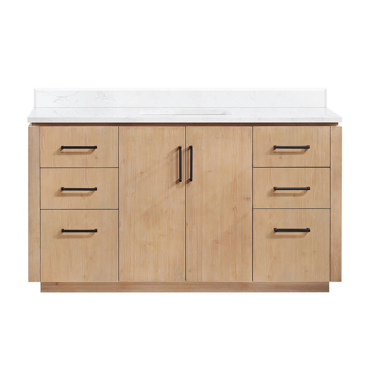 Front view of a Fir Wood Brown 60 inch single bathroom vanity on white with Matte Black pulls and a plinth base