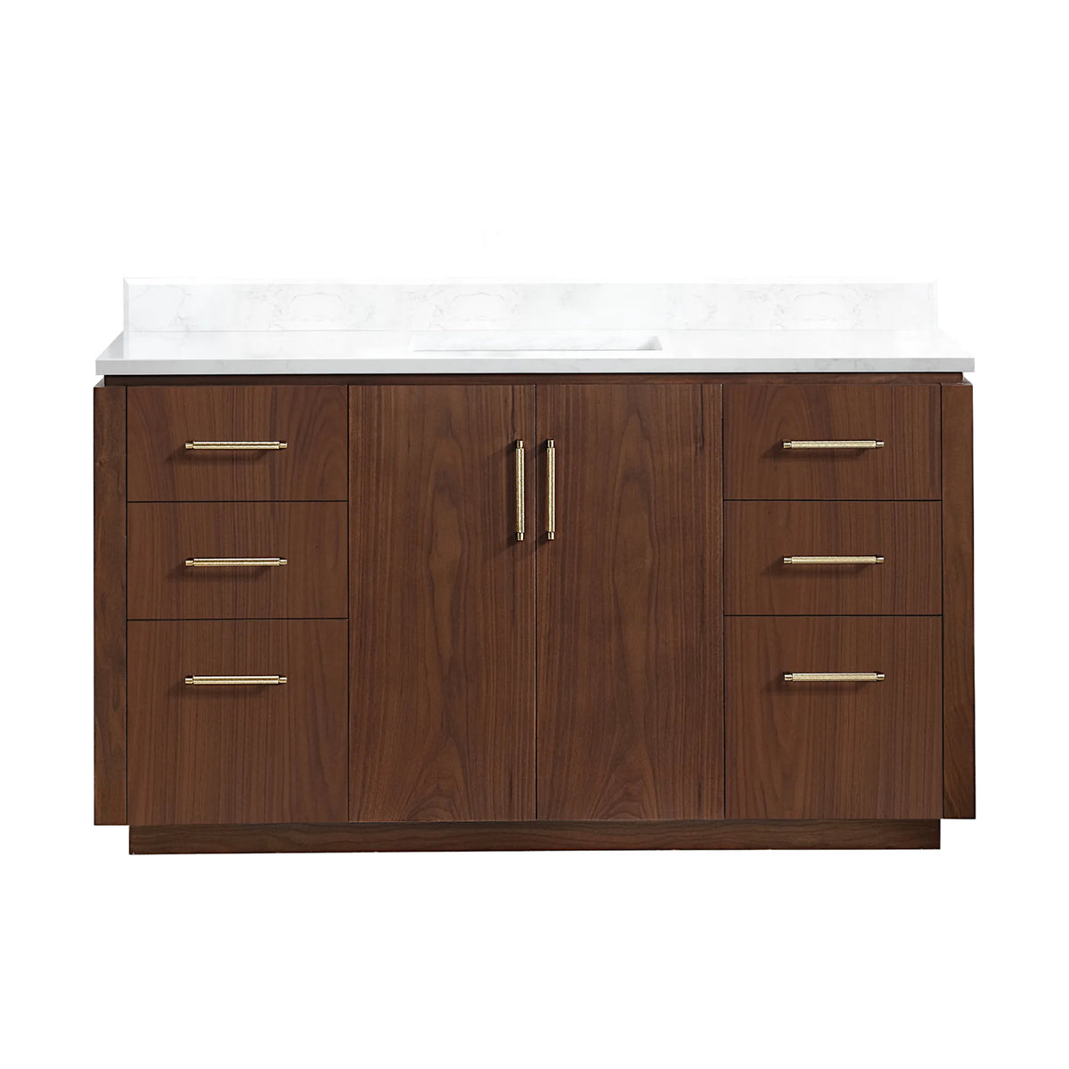 Front view of a 60 inch Natural Walnut single bathroom vanity with white grain composite stone top