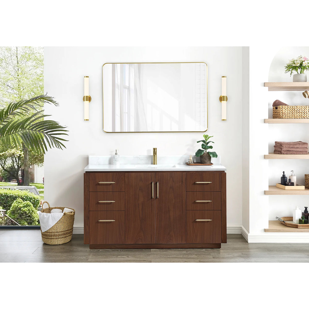 Room scene of the 60 inch vanity with a wide mirror, wall lights, shelving and a woven basket