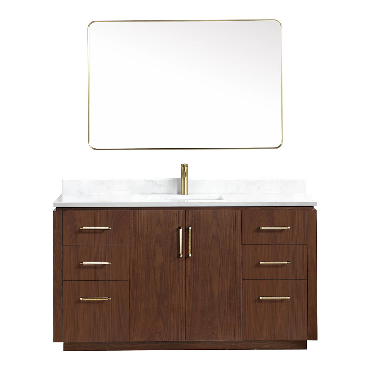 Studio view of the 60 inch vanity with mirror and a white grain composite stone top