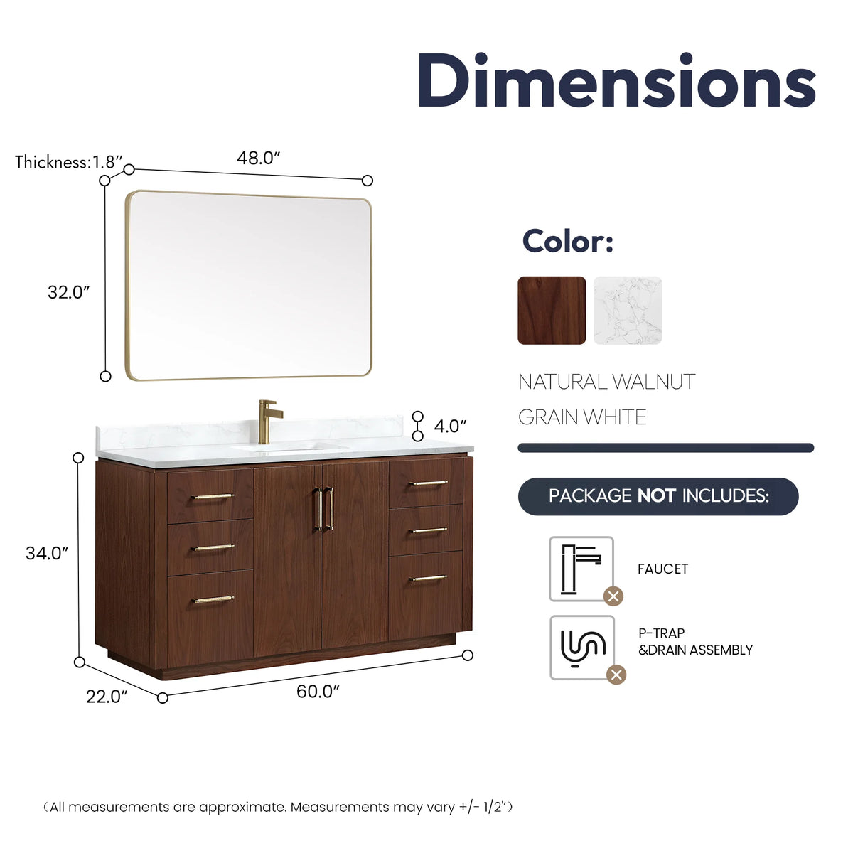 Single vanity measured in a dimension drawing, mirror included: width, depth and height are marked