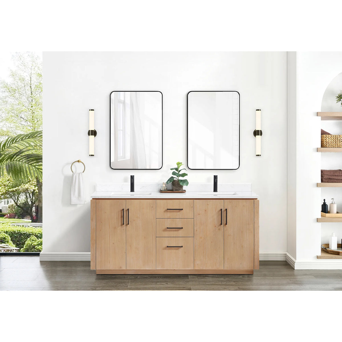 Wide bathroom scene with the 72 inch vanity under paired mirrors, wall lights and a window view