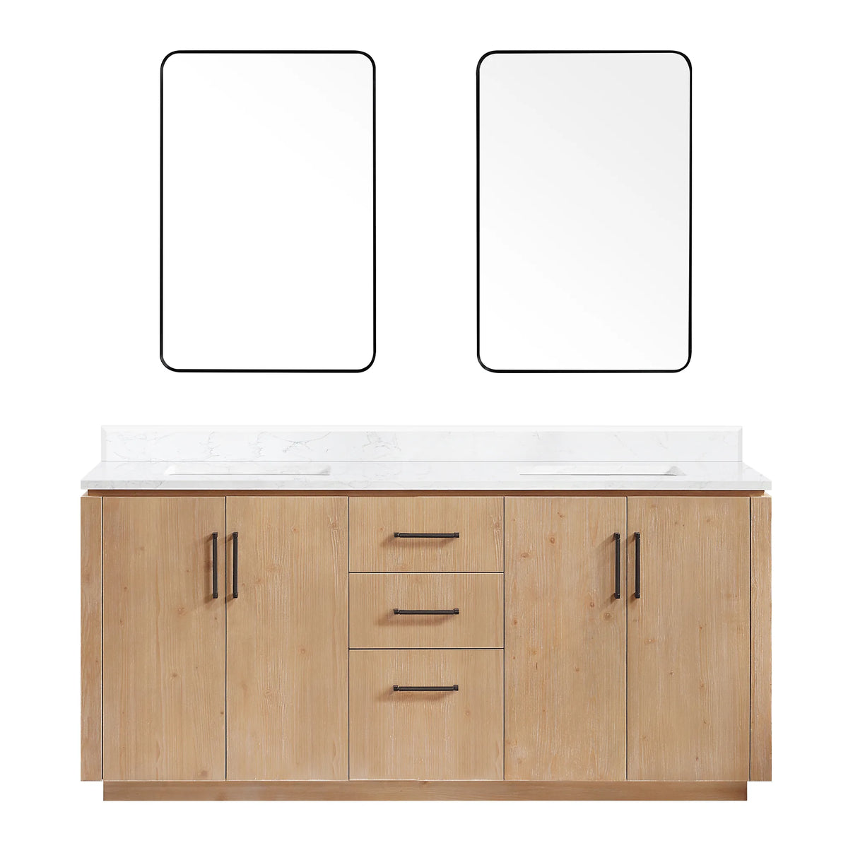 Studio view of the Fir Wood Brown double vanity front with its matching mirrors above, white background