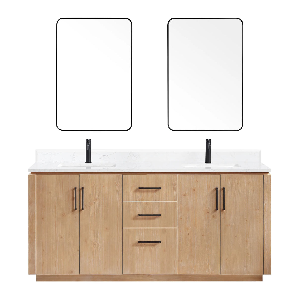 Front view of the 72 inch vanity with its two matching mirrors above, white studio background