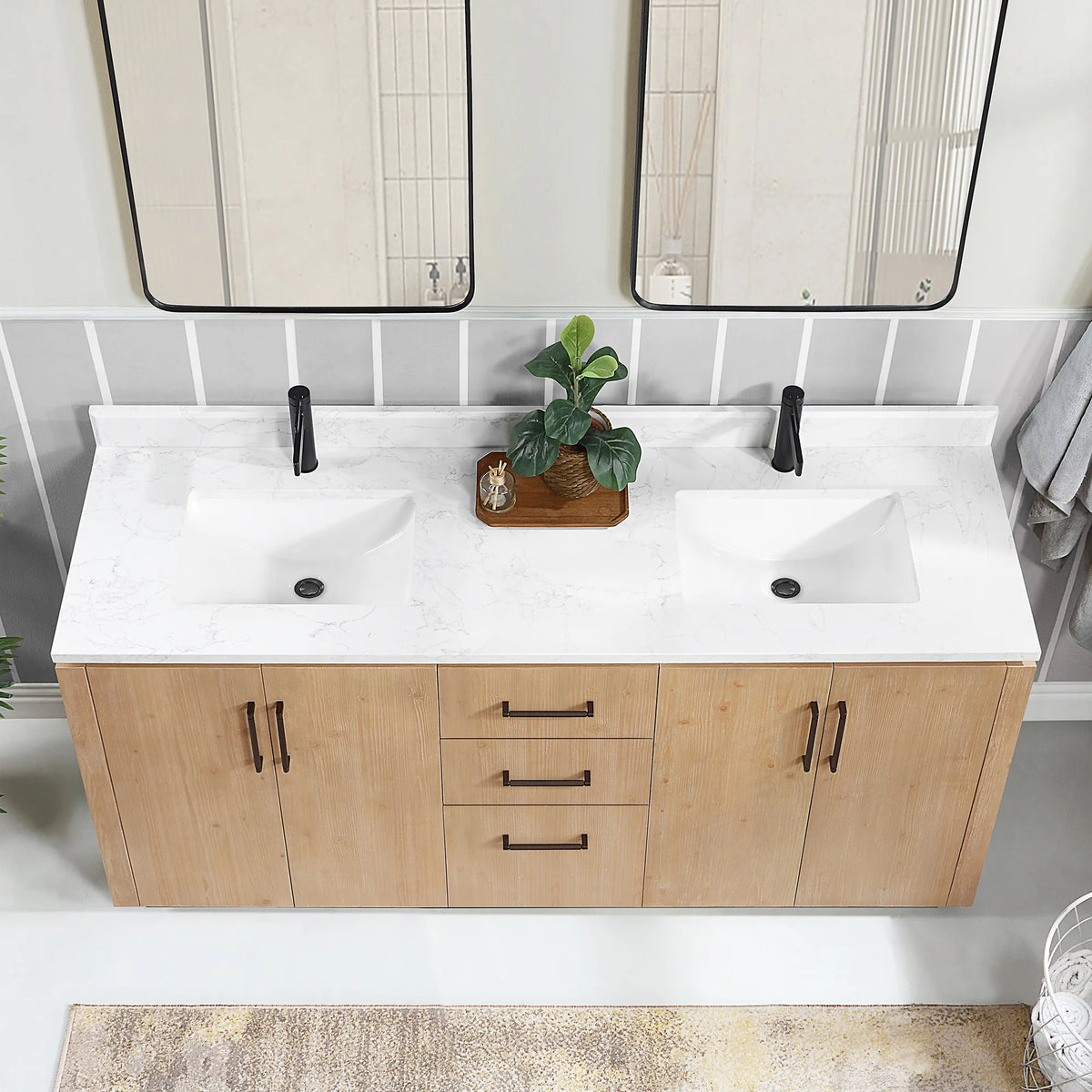Front close-up of the wide stone top with its sink area, and the drawers and doors below