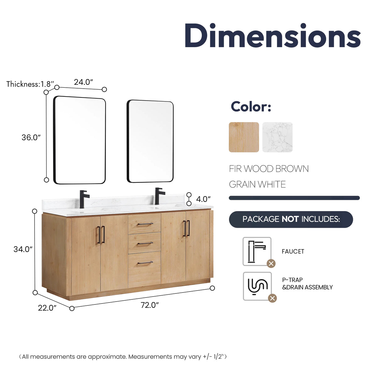 72 inch double vanity with its mirrors in a technical drawing marked for width, depth and height