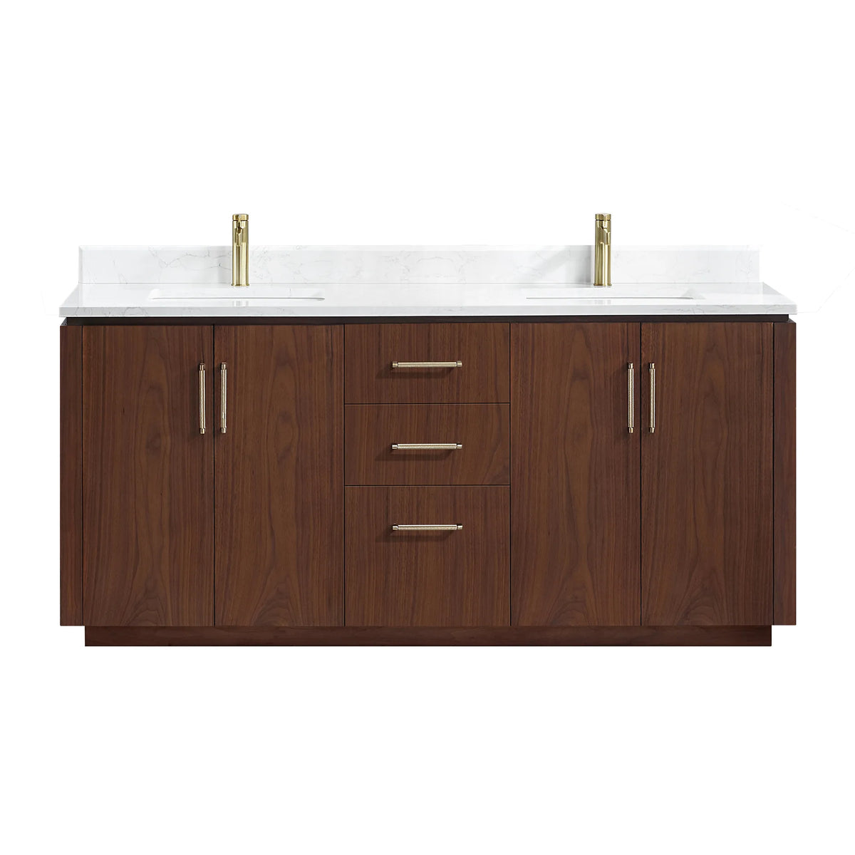 White-background front shot of the Natural Walnut double vanity with center drawers and doors at each side