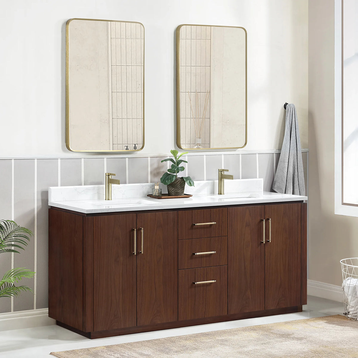 Three-quarter room shot of the 72 inch double vanity with a towel hanging beside the mirrors