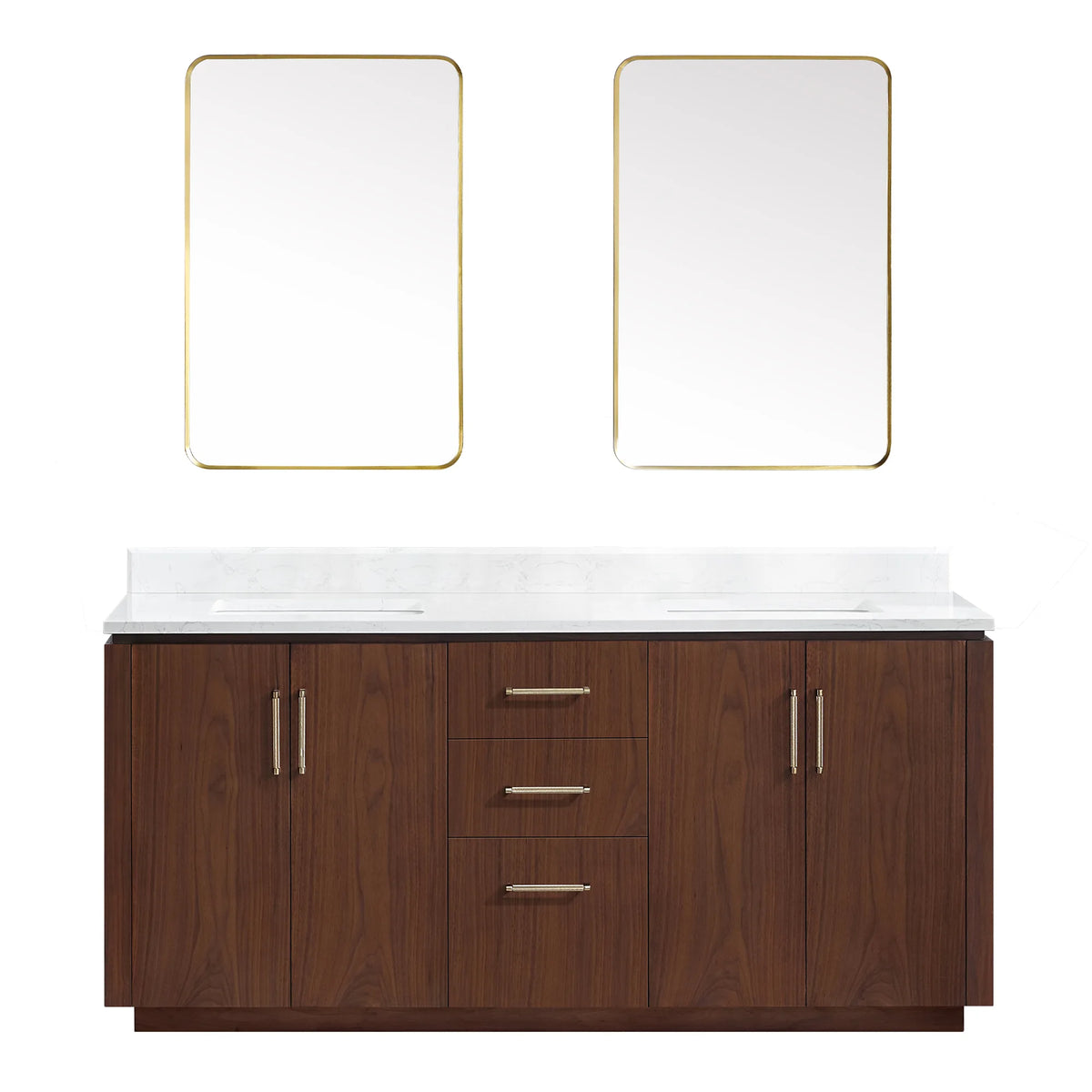 Front view of the 72 inch double vanity with mirrors, Natural Walnut finish, white background