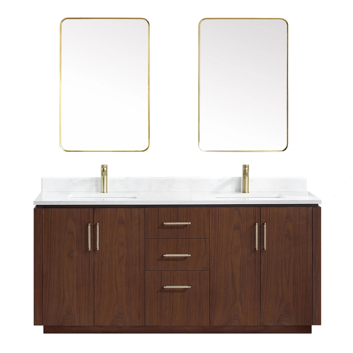 Studio view of the 72 inch double vanity with mirrors and a white grain composite stone top