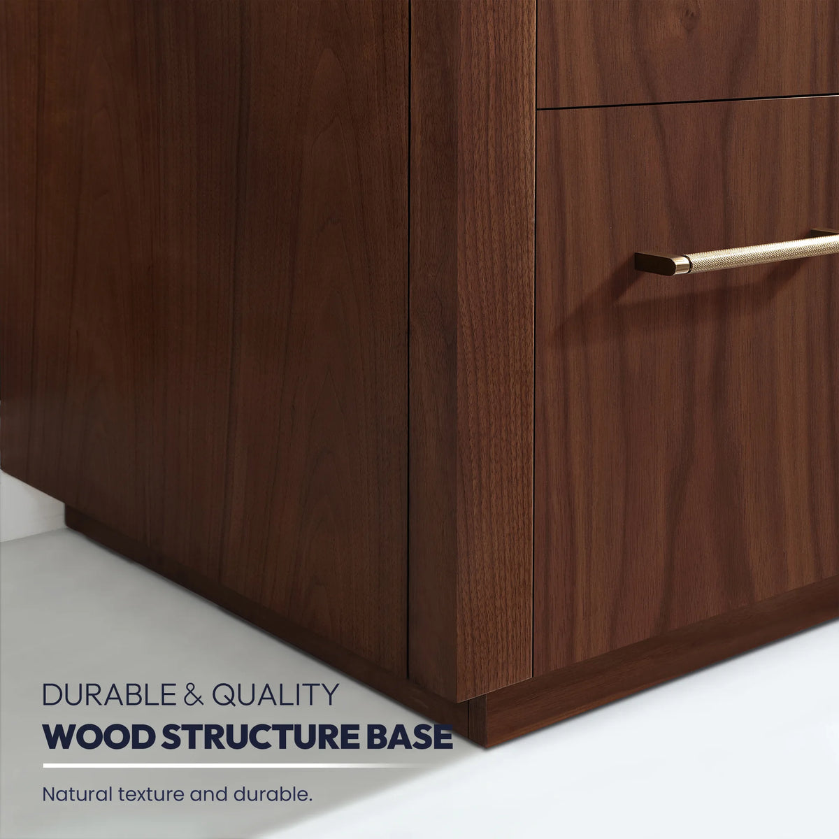 Close view of the wood base and lower cabinet corner, durable quality callout