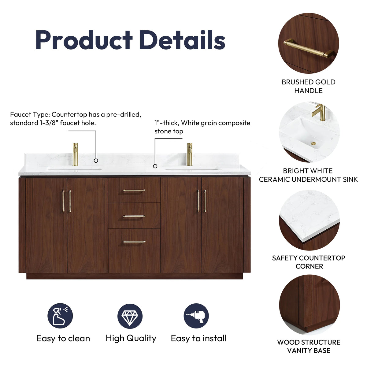 Details graphic for the 72 inch double vanity with handle, ceramic sink, countertop corner and base labels