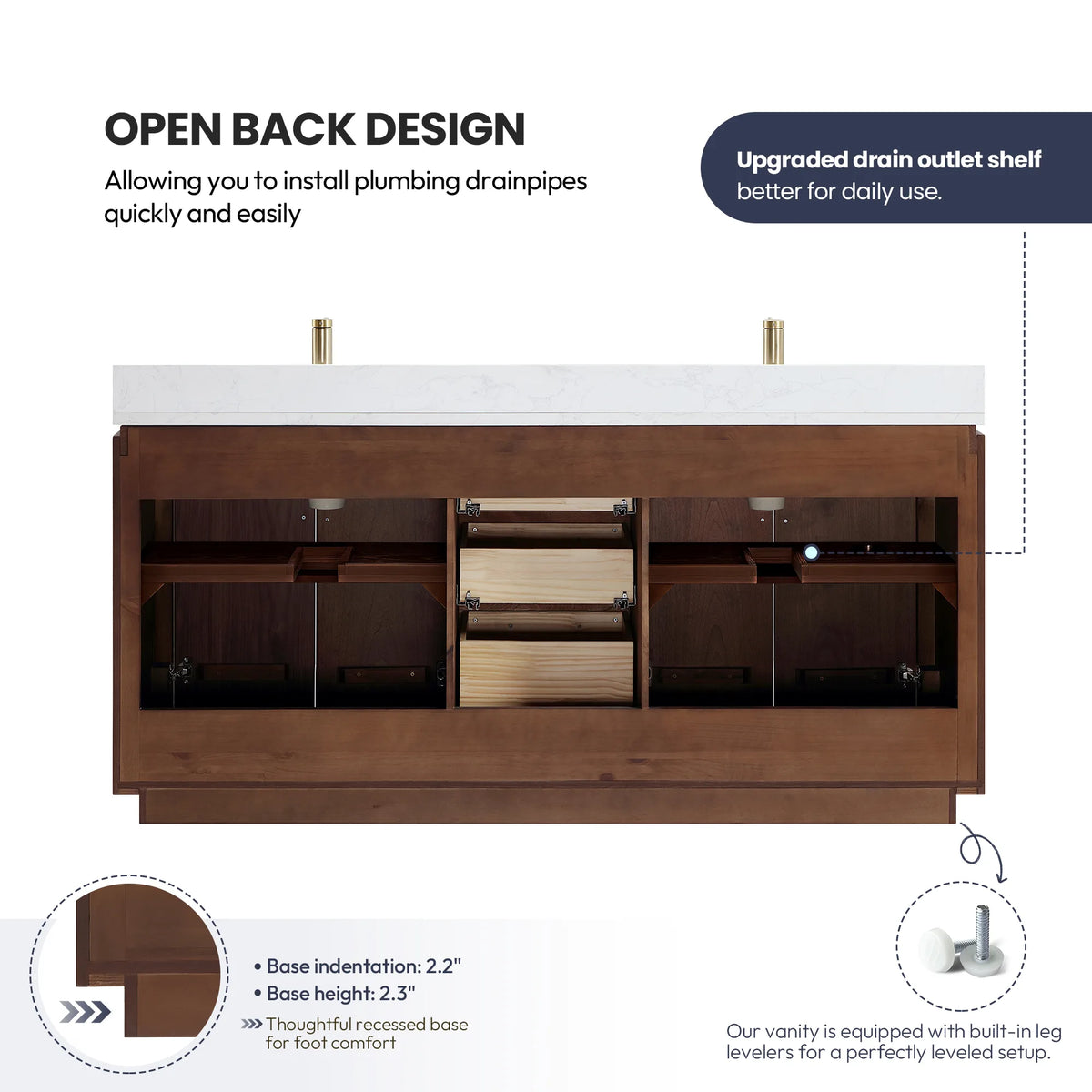 Open back design graphic of the double vanity cabinet seen from the front