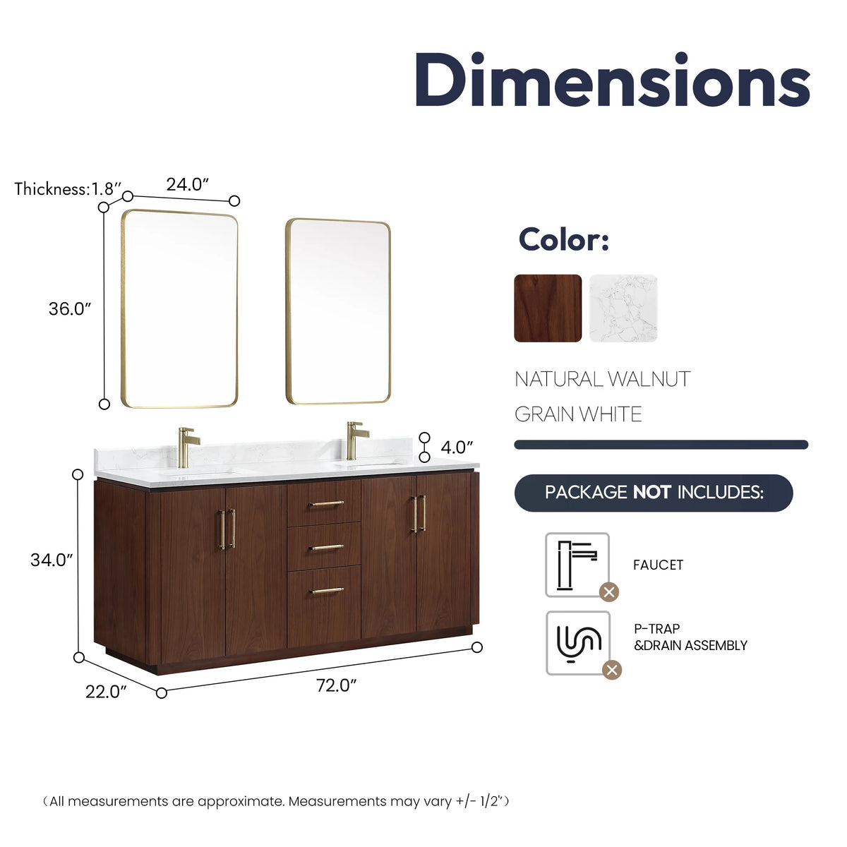 Mirror-included dimension drawing of the 72 inch double vanity, width, depth and height lines marked