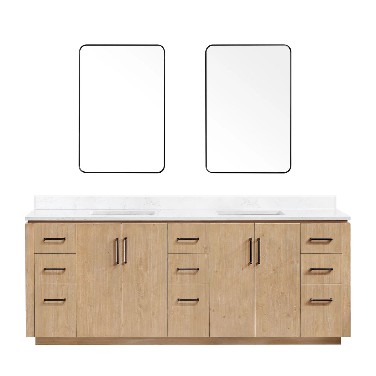 Studio view of the Fir Wood Brown double vanity front with matching mirrors above, white background