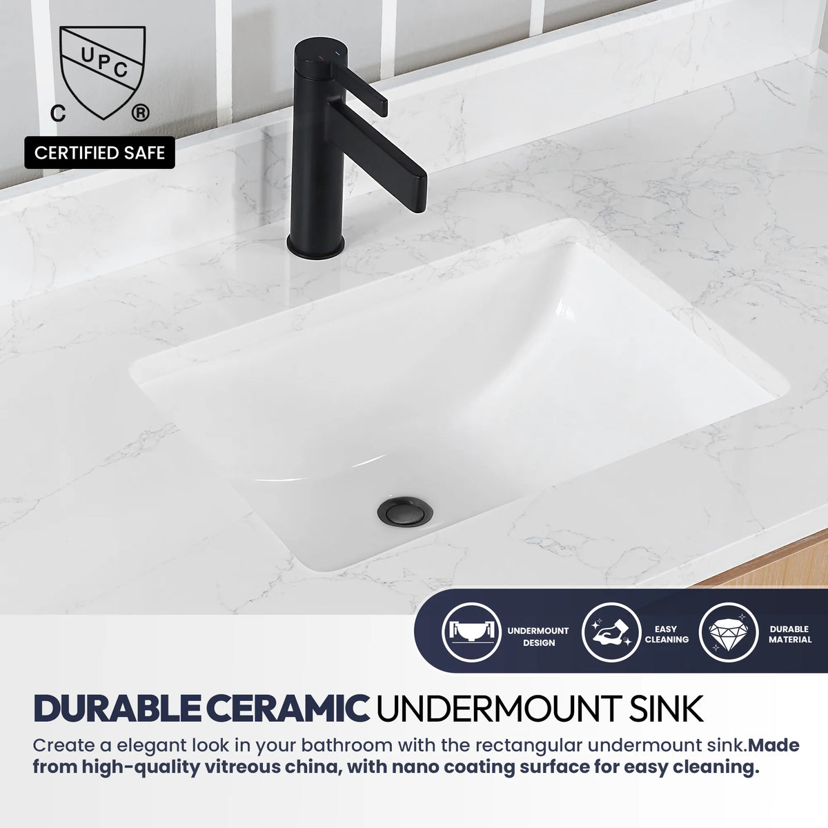 Sink feature image: white ceramic undermount basin in a stone top with easy-clean text