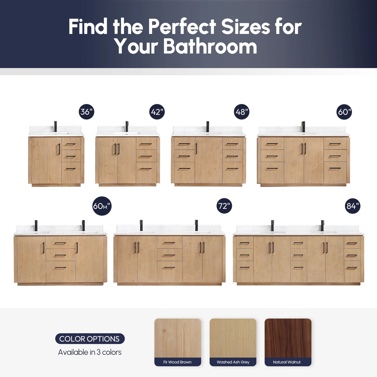 Overview infographic of the vanity range and finish options, shown as miniature pictures