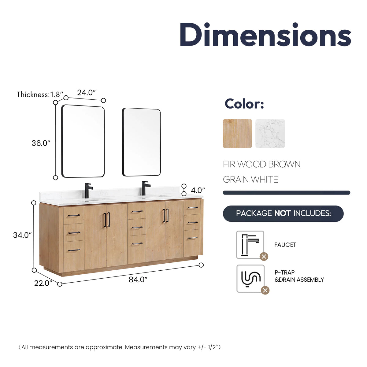 84 inch double vanity with its mirrors in a technical drawing marked for width, depth and height