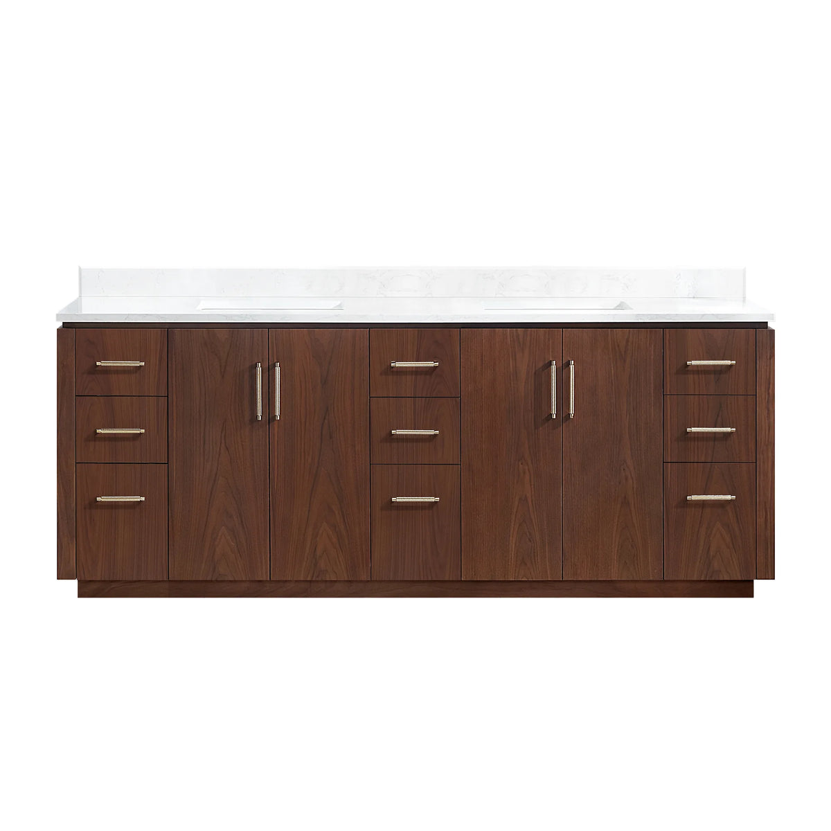 Front view of an 84 inch Natural Walnut double bathroom vanity with white grain composite stone top