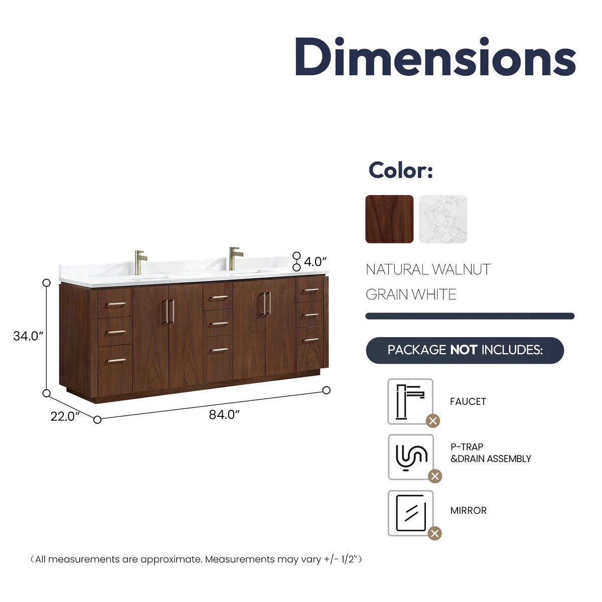 Dimension drawing showing overall width, depth and height of the 84 inch double vanity without mirrors