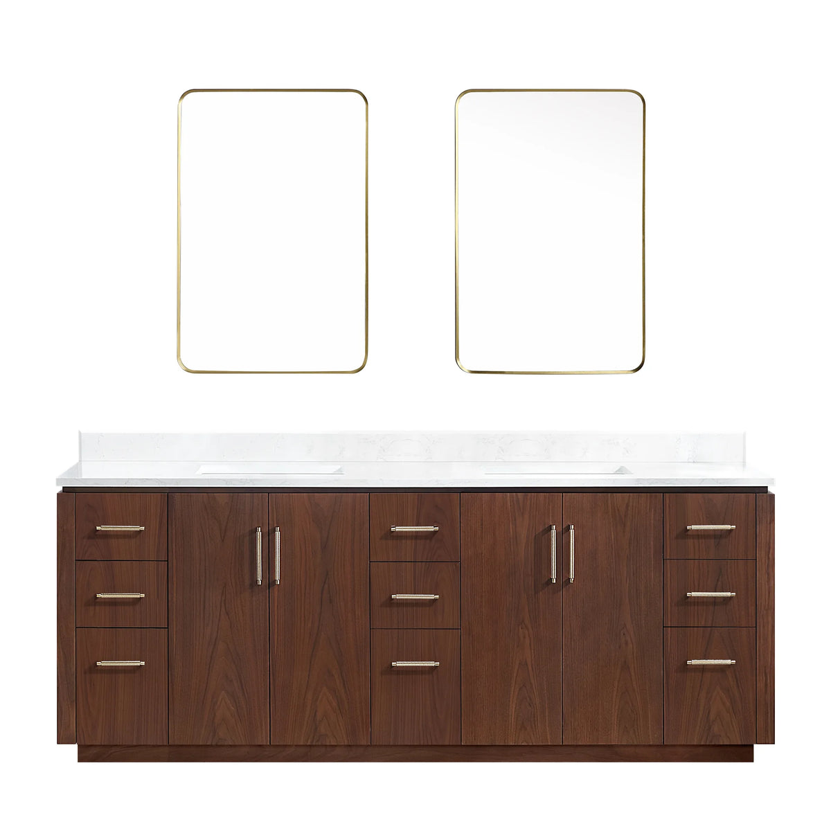 Front view of the 84 inch double vanity with mirrors, Natural Walnut finish, white background