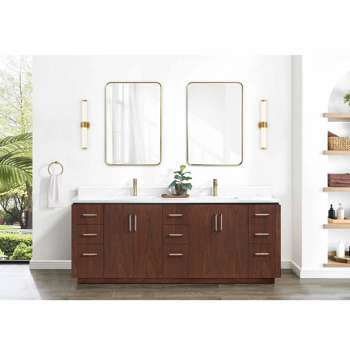 Room scene with an 84 inch vanity, wall lights, two mirrors, a towel ring and shelving