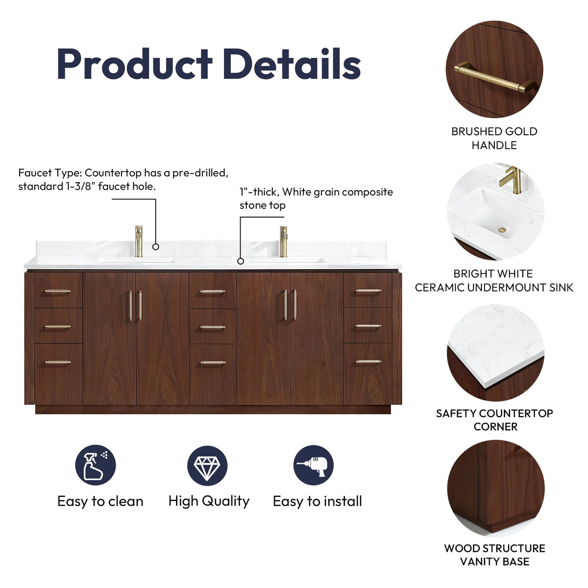 Details graphic for the 84 inch double vanity with handle, ceramic sink, countertop corner and base